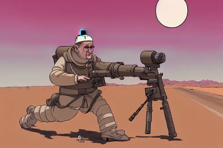 Image similar to a study of a cell shaded cartoon pope firing a bazooka on a desert road in front of a big moon, full body, wide shot, very muted colors, post grunge, studio ghibli, laurie greasley, highly detailed, deviantart, art by artgem