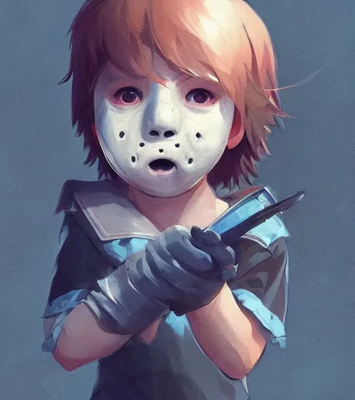 Image similar to beautiful little boy character inspired by jason voorhees, art by rossdraws, wlop, ilya kuvshinov, artgem lau, sakimichan and makoto shinkai, concept art, anatomically correct, extremely coherent, realistic, smooth hd