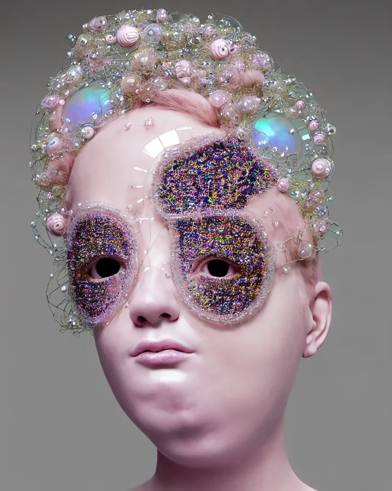 Prompt: portrait of a ethereal byzantine goddess wearing a glass marbles studded iridescent beauty mask and pink hair buns, wearing a black bodysuit by alexander mcqueen, cream white background, soft diffused light, biotechnology, humanoid robot, perfectly symmetric, bjork aesthetic, translucent, by rineke dijkstra, intricate details, highly detailed, masterpiece,