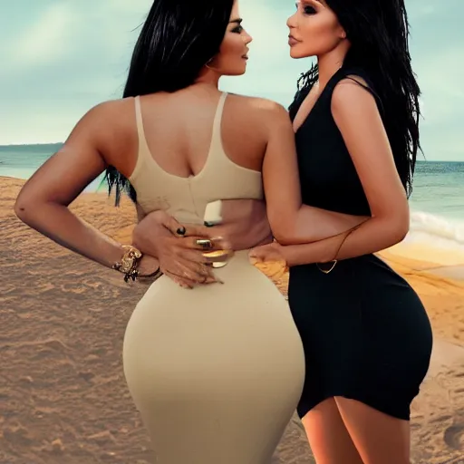 Prompt: kylie jenner hugging kim kardashian standing on a beach, atire: army, abstract, 4k, photorealistic