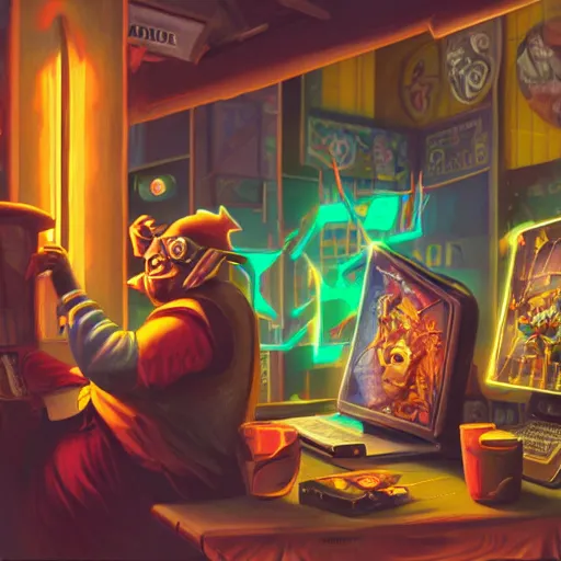 Prompt: fat d & d nerd in arcade, oil painting, 8 k, cyberpunk,