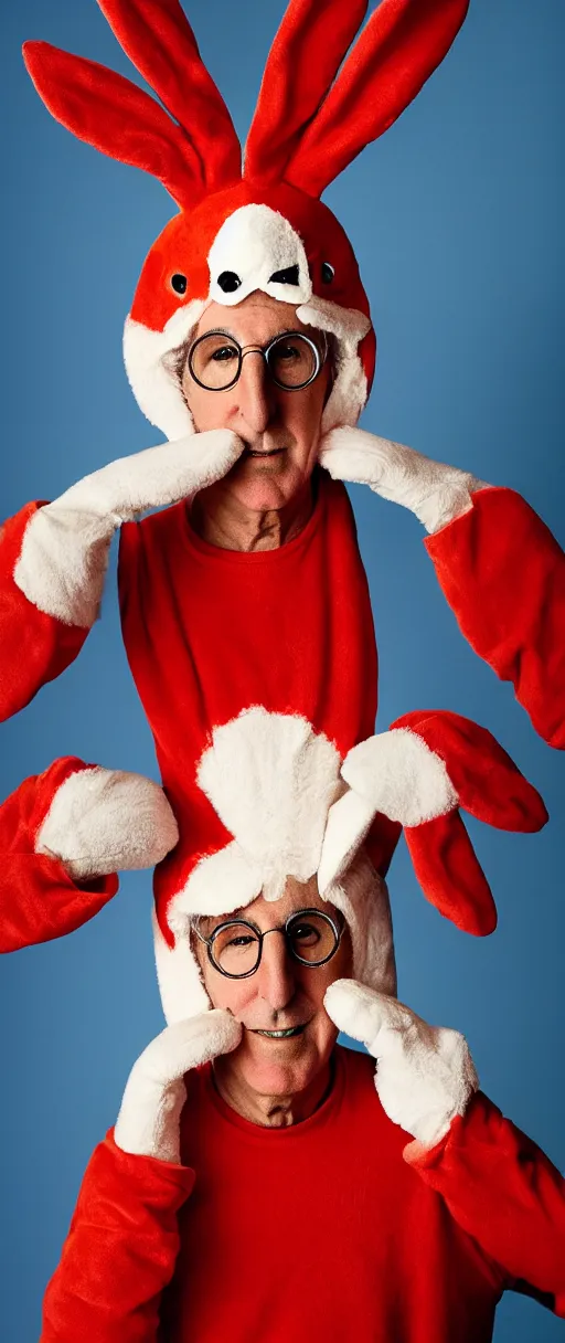 Image similar to award winning photo of larry david playing poker wearing bunny costume, vivid colors, happy, symmetrical face, beautiful eyes, studio lighting, wide shot art by Sally Mann & Arnold Newman