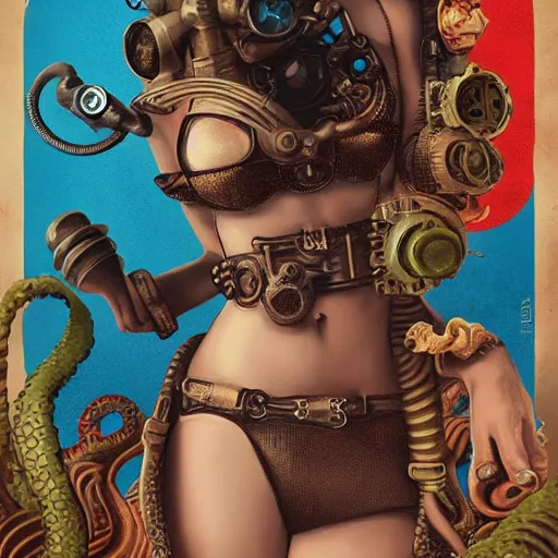 Prompt: lofi underwater steampunk bioshock bikini, octopus, Pixar style, by Tristan Eaton Stanley Artgerm and Tom Bagshaw.