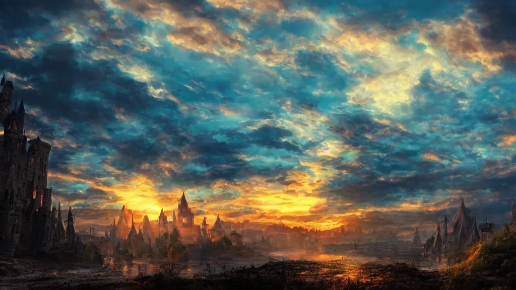 Prompt: sunset over a medieval kingdom, fantasy artwork, award winning, very beautiful scenery, wallpaper, artstation