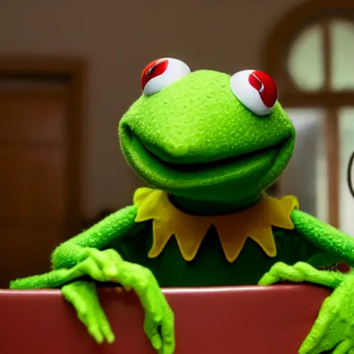 Prompt: A still of Kermit the Frog in Stranger Things (2016)