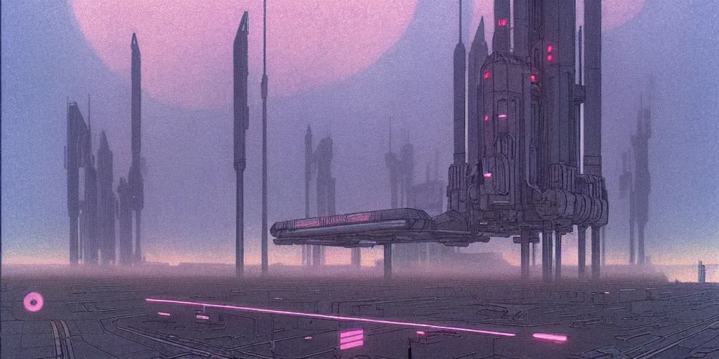 Image similar to grainy risograph matte painting of gigantic huge mech covered with rocket launchers, gattaca, pastel matte colors, staying in the foggy huge parking station, by moebius, hyperrealism, intricate detailed