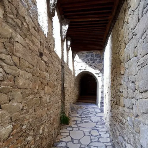 Image similar to corridor in old castle, highly detailed, old stone, wood