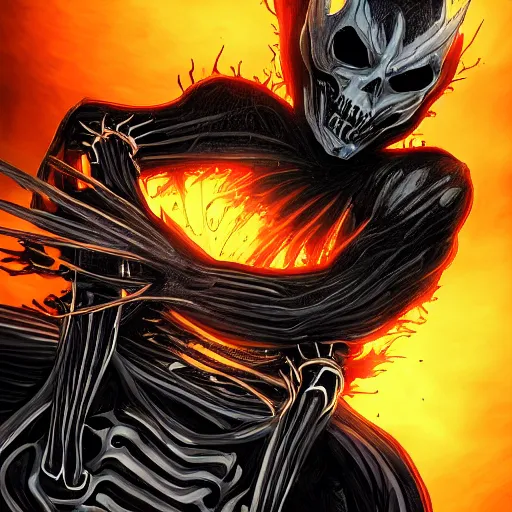 Image similar to ghost rider symbiote, comic strip style, dynamic lighting, fantasy concept art, trending on art station, stunning visuals, creative, cinematic, portrait, ultra detailed