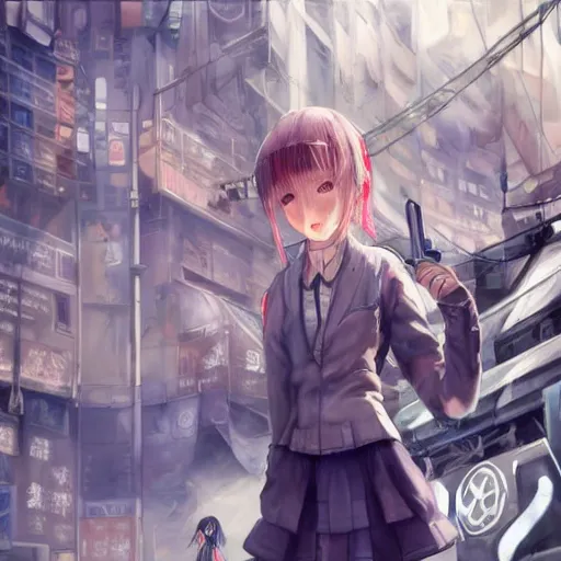 Image similar to dynamic composition, motion, ultra-detailed, incredibly detailed, a lot of details, amazing fine details and brush strokes, colorful and grayish palette, smooth, HD semirealistic anime CG concept art digital painting, watercolor oil painting of Clean and detailed post-cyberpunk sci-fi close-up schoolgirl in asian city in style of cytus and deemo, blue flame, relaxing, calm and mysterious vibes,, by a Chinese artist at ArtStation, by Huang Guangjian, Fenghua Zhong, Ruan Jia, Xin Jin and Wei Chang. Realistic artwork of a Chinese videogame, gradients, gentle an harmonic grayish colors. set in half-life 2, Matrix, GITS, Blade Runner, Neotokyo Source, Syndicate(2012), dynamic composition, beautiful with eerie vibes, very inspirational, very stylish, with gradients, surrealistic, dystopia, postapocalyptic vibes, depth of field, mist, rich cinematic atmosphere, perfect digital art, mystical journey in strange world