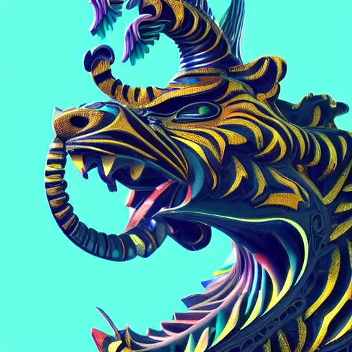 Image similar to coloured sculpture breathtakingly cool beautiful stylised balinese ornate biomechanical tiger, isometric perspective, 8 k artstation