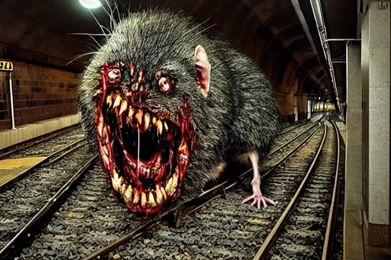 Image similar to very large giant mutant zombie irradiated ( angry rat ) staying on railways in tonnel of moscow subway. tonnel, railways, giant angry rat, furr, fangs, claws, very realistic. extreme long shot, 1 6 mm, rusty colors, anish kapoor, ( herman nitsch, giger ).