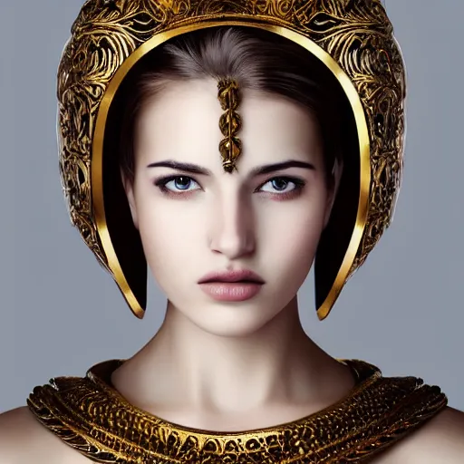 Image similar to A portrait of an attractive young female wearing an ornate metallic helmet, beautiful bone structure,symmetrical facial features,elegant,highly detailed,illustration