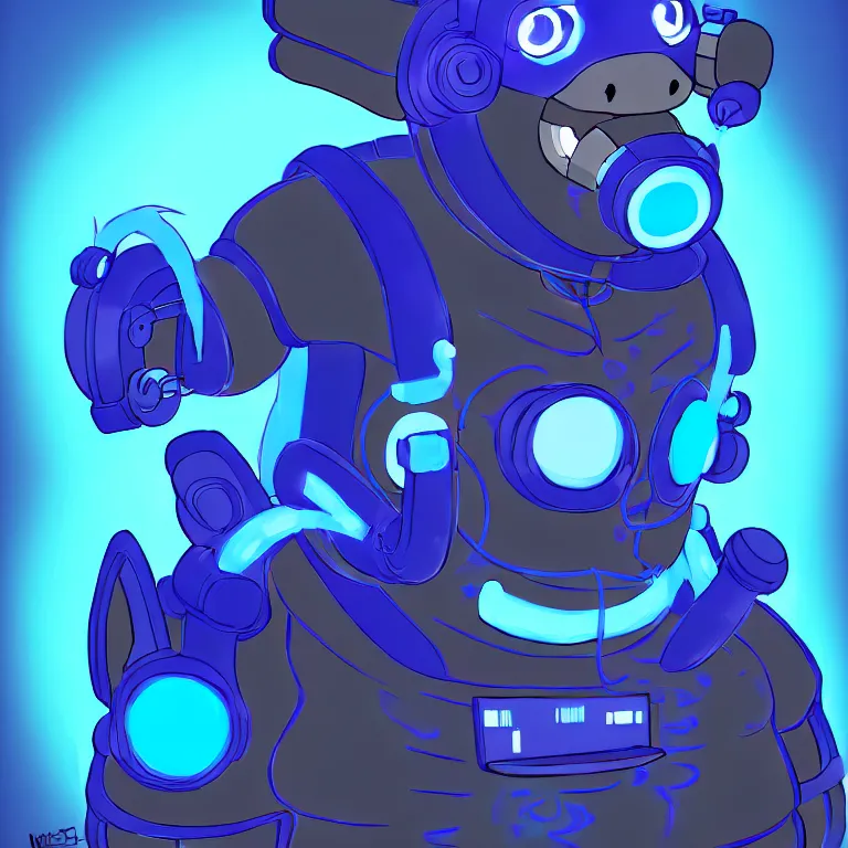 Image similar to a chubby anthropomorphic male blue dragon fursona wearing a cybernetic suit, headphones on his head, laptop, cyberpunk, furry, vivid saturation, oil on canvas, digital art, soft lighting
