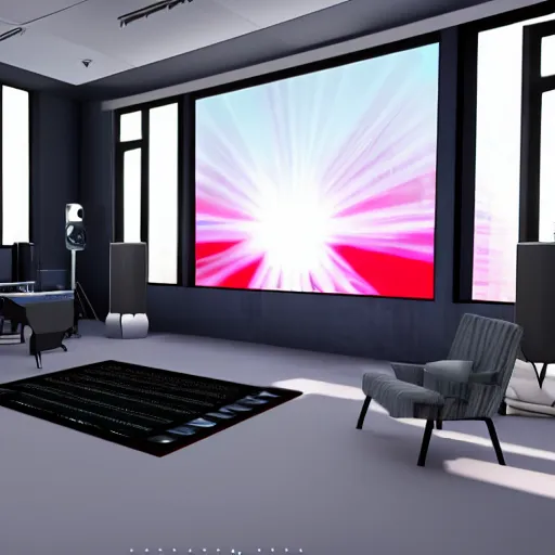 Image similar to A screenshot of a Virtual Reality music studio, living room vibe, Paris hotel style, red velvet furniture, light rays coming out of the windows, raytracing, highly detailed, futuristic, unreal engine 5, photoscanned, photorealistic,