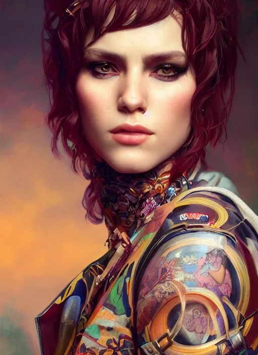Prompt: close up portrait painting of a female rockstar dressed in 9 0's fashion, ultra realistic, concept art, intricate details, serious, highly detailed, photorealistic, octane render, 8 k, unreal engine. art by artgerm and greg rutkowski and alphonse mucha