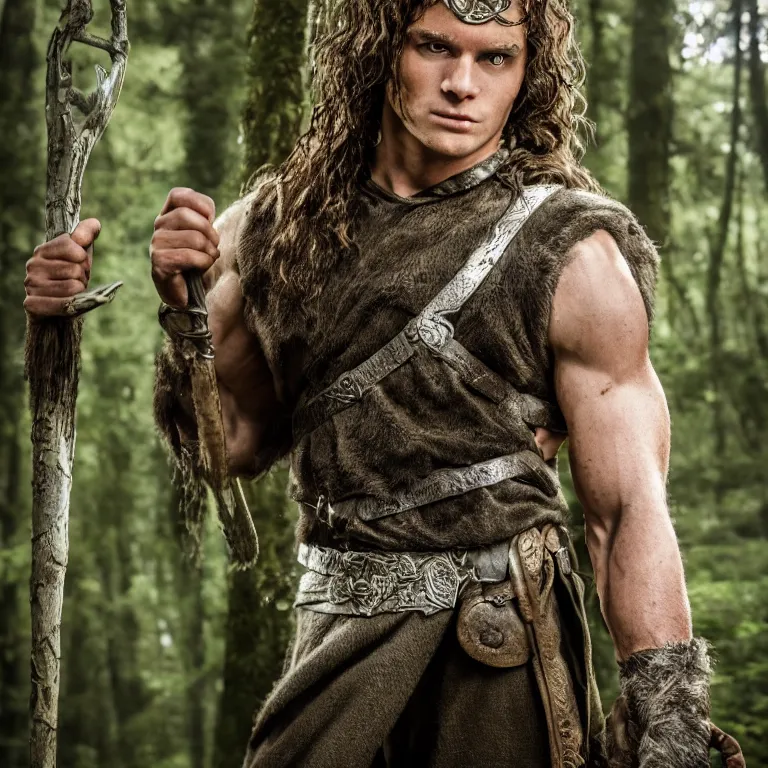 Image similar to 5 5 mm portrait photo of a well - built male warrior, in a magical forest in lord of the rings style, highly detailed 8 k. lifelike. soft light. nikon d 8 5 0. cinematic post - processing