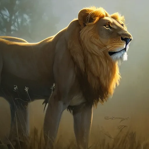 Prompt: lion in a savannah, art by guweiz and greg rutkowski, matte, intricate, elegant, highly detailed, smooth, sharp focus, artstation