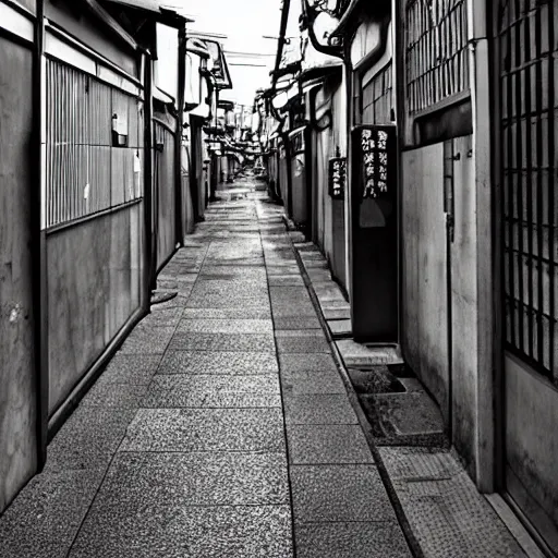 Prompt: japanese city back alleys by robert hubert