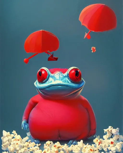 Prompt: hyper realistic oil painting of chubby toad wearing red - blue anaglyph and watching movie with bucket of popcorn, vibrant colors, high contrast, by greg rutkowski, trending on artstation, animal caricaturist
