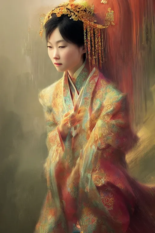 Image similar to chinese princess, gorgeous, portrait, intricate, elegant, volumetric lighting, scenery, digital painting, highly detailed, artstation, sharp focus, illustration, concept art, ruan jia, steve mccurry