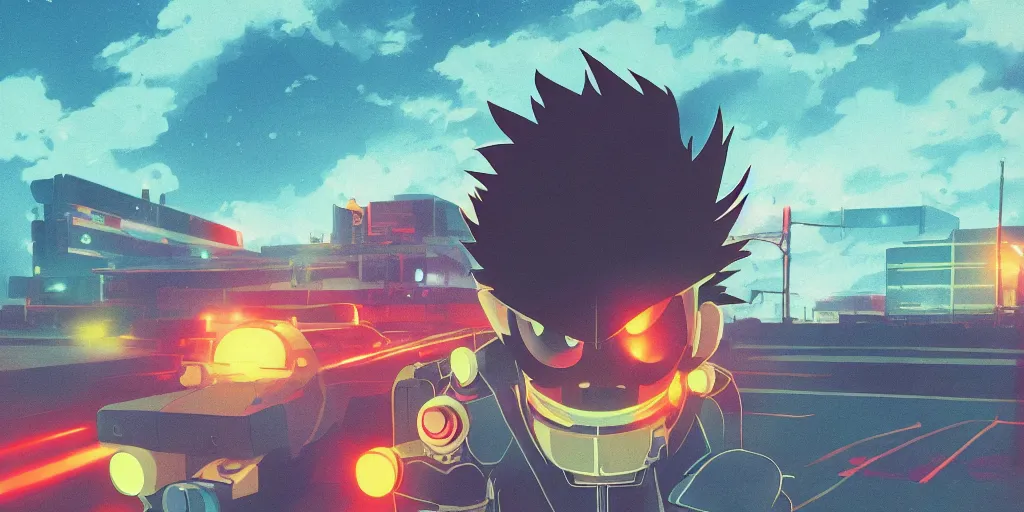 Prompt: Shadow the Hedgehog, Portrait, Very Cloudy Sky, Sun, Neon Lights, Subject in Middle, Subject in center, Rule of Thirds, Retrofuturism, Studio Ghibli, Simon Stålenhag