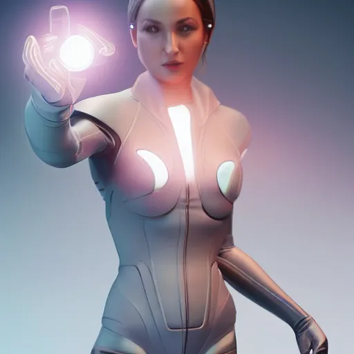 Image similar to a woman in a futuristic suit holding a glowing light, a computer rendering by Artgerm, featured on cgsociety, afrofuturism, daz3d, zbrush, futuristic