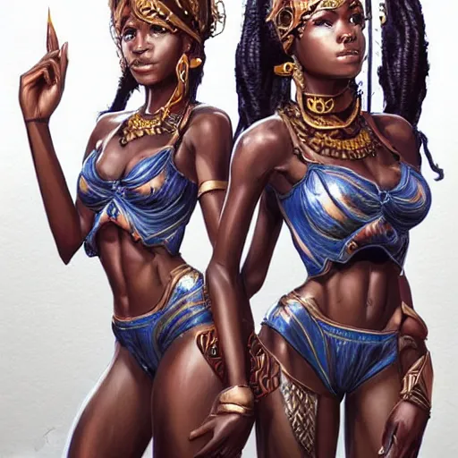 Image similar to beautiful Zulu goddesses holding hands, focused, worried, highly detailed, artstation, concept art, sharp, illustration, art by artgerm and Ross Tran