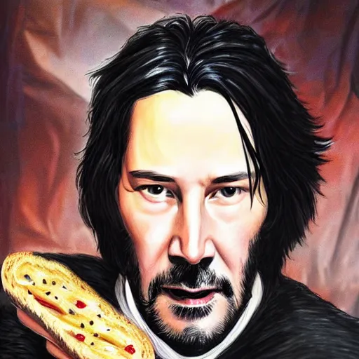 Prompt: keanu reeves eating a sandwich as a quirky cyberpunk wizzard, dark-hair, intricate, elegant, highly detailed, smooth, sharp focus, detailed face, high contrast, dramatic lighting, graphic novel, art by Ardian Syaf and Michael Choi
