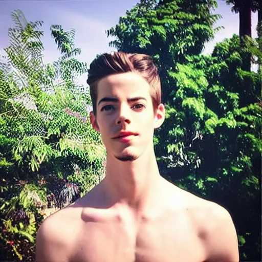 Image similar to “a realistic detailed photo of a guy who is an attractive humanoid who is half robot and half humanoid, who is a male android, actor Grant Gustin, shiny skin, posing like a statue, blank stare, by the pool, on display”