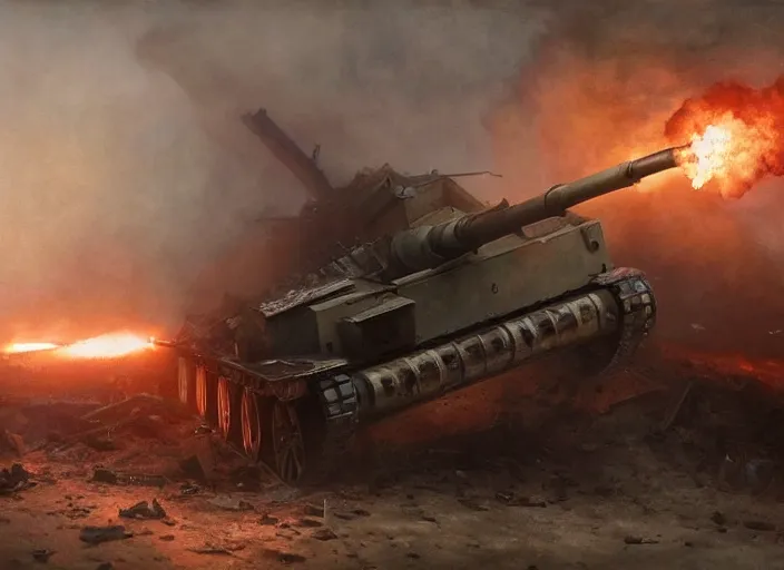 Image similar to A World War 1 Tank firing his gun to a building causing it to collapse and explode, Battlefield 1, extremely detailed digital painting, in the style of Fenghua Zhong and Ruan Jia and jeremy lipking and Peter Mohrbacher, mystical colors, rim light, beautiful Lighting, 8k, stunning scene, raytracing, octane, trending on artstation