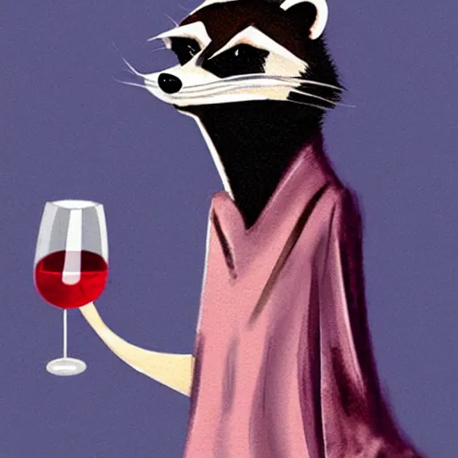 Prompt: a photorealistic racoon wearing an elegant night gown holding a cup of wine