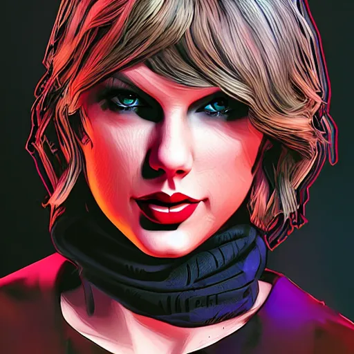 Image similar to taylor swift portrait, borderlands, tales from the borderlands, the wolf among us, comic, cinematic lighting, studio quality, 8 k