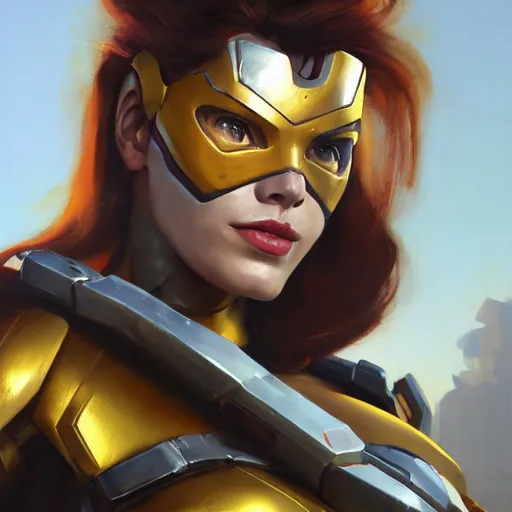 Image similar to greg manchess portrait painting of a female ironman as overwatch character, medium shot, asymmetrical, profile picture, organic painting, sunny day, matte painting, bold shapes, hard edges, street art, trending on artstation, by huang guangjian, gil elvgren, ruan jia, greg rutkowski, gaston bussiere