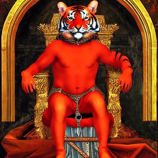 Prompt: a red tiger as the king of a kingdom sitting on his throne, digital art, renaissance painting, fantasy art, ultra detailed, as coherent as Dall-E 2