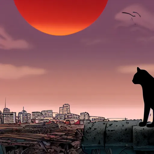 Prompt: big cat watching a ruined post-apocalyptic city under burning red sky, photorealistic