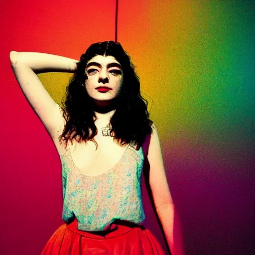 Prompt: 8k high detailed 35mm wide angle lens photograph of lorde in futurecore attire experiencing complete euphoria, vivid details, in the style of Andy Warhol