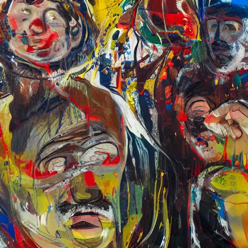 Image similar to _ in _ these _ paintings _ we _ see _ a _ who _ seem _ to _ be _ walking _ in _ circles, happy, painted by asger jorn, 8 k, in the style of ben quilty, oil paint with thick brushstrokes of paint, ultra detailed, realistic, paint drips all over