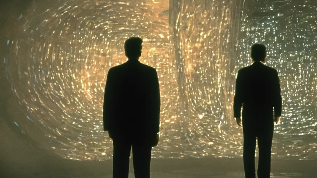 Image similar to movie scene of a man standing in front of a multiverse machine, movie still, cinematic composition, cinematic light, pastel color scheme, by david lynch and ridley scott