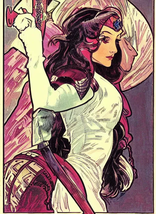 Image similar to head and shoulders portrait of a female knight. well composed, clean elegant painting, beautiful detailed face. comic book art by steve ditko and jack kirby and ( alphonse mucha )