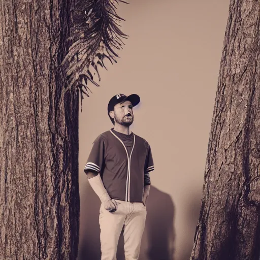 Prompt: a man in a baseball cap standing in front of a tree, a picture by Mac Conner, reddit, postminimalism, handsome, bryce 3d, aesthetic