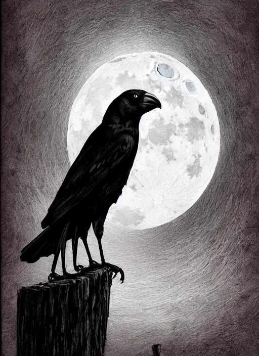 Image similar to portrait, A crow in front of the full big moon, book cover, red white and black colors, establishing shot, extremly high detail, foto realistic, cinematic lighting, pen and ink, intricate line drawings, by Yoshitaka Amano, Ruan Jia, Kentaro Miura, Artgerm, post processed, concept art, artstation, matte painting, style by eddie mendoza, raphael lacoste, alex ross