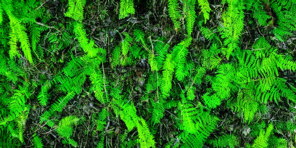Image similar to top view of forest ground with moss, roots and ferns, tiny light bugs, god's rays, light fog, mysterious atmosphere