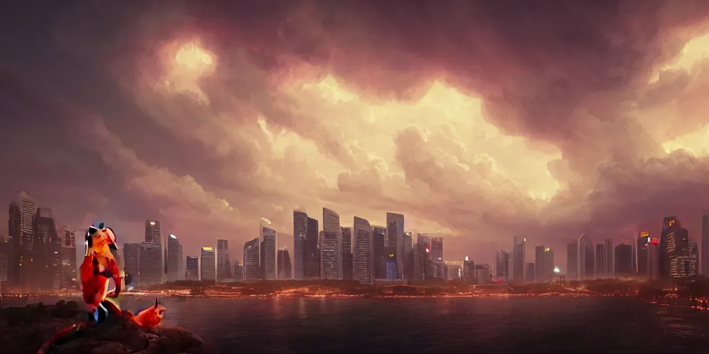 Image similar to Singapore city with a lion-shaped cloud in the sky, by greg rutkowski, red and white lighting, digital art, ultra realistic, ultra detailed, photorealistic, 4k, character concept