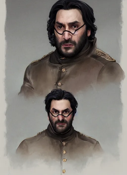 Image similar to portrait of Nandor from What We Do in the Shadows (2019), highly detailed, centered, solid color background, digital painting, artstation, concept art, smooth, sharp focus, illustration, artgerm, donato giancola, Joseph Christian Leyendecker, Les Edwards, Ed Repka, WLOP, Artgerm