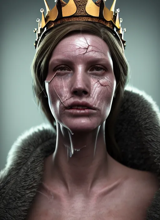 Image similar to 3 / 4 portrait, queen emma, crown, transparent skin, visible muscle and bones and veins and nerves, hyperrealism, detailed textures, photorealistic, 3 d cyberpunk apocalyptic city, futuristic clothing and helmet, ultra realistic, cinematic, intricate, cinematic light, unreal engine 8 k, octane render, unreal engine by david kostic and stanley lau and artgerm