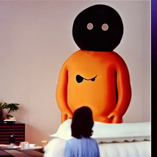 Prompt: a 1 9 7 3 woman and a 3 d rendering of a smiley inflatable stomach in a stylish apartment, color film still 1 9 7 3, fassbinder