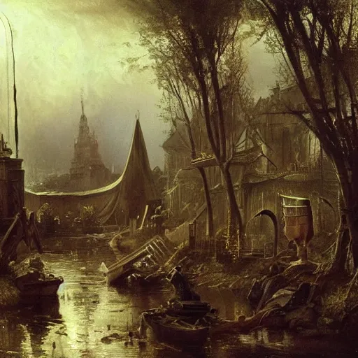 Image similar to painting hr giger tent in a landscape, scifi gadgets in a pond, floral ornaments light beams night, street lights, andreas achenbach