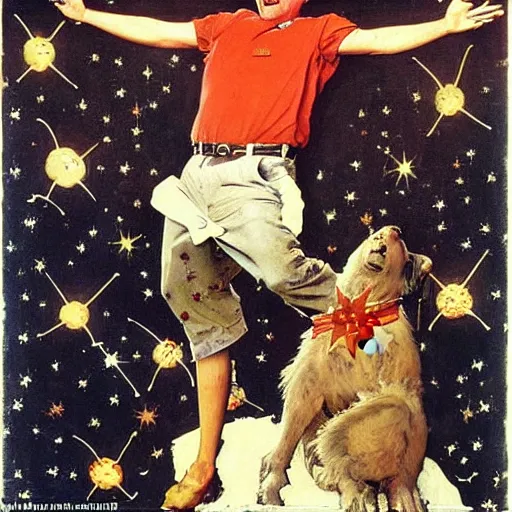 Prompt: a norman rockwell painting of norm macdonald catching stars falling out of the sky, his expression is that of disbelief