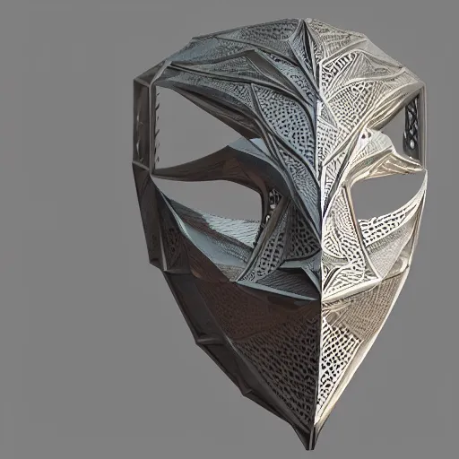 Image similar to a geometric mask with multiple angles and cuts. 3 d printed. intricate. super detailed. dramatic lighting. colors and sheen of mother of pearl. octane render.