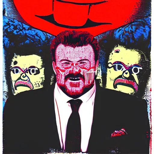 Prompt: robb wells in a suit and tie with a creepy face, a screenprint by warhol, reddit contest winner, antipodeans, hellish, anaglyph filter, hellish background